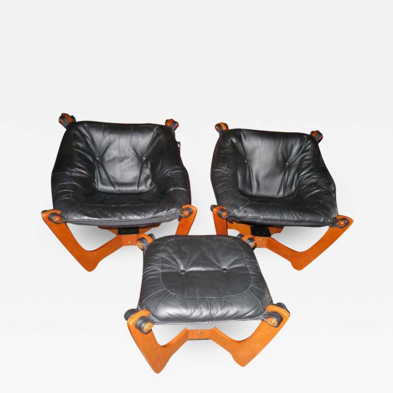  Odd Knutsen Pair of Luna Black Leather Sling Chairs with Ottoman Odd Knutsen Norway