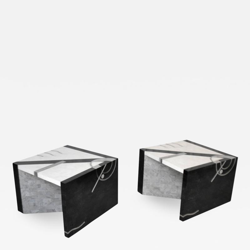 Oggetti Pair of Postmodern Tessellated Stone Side Tables