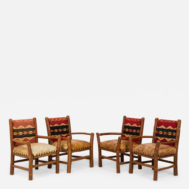  Old Hickory Furniture Co Set of Rustic Old Hickory Wooden Framed Leather and Woven Upholstered Armchairs