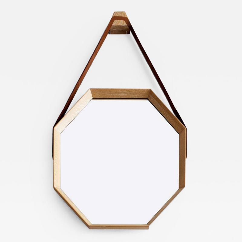 Orange Furniture BEVERLY OAK AND LEATHER OCTAGON MIRROR BY ORANGE LOS ANGELES