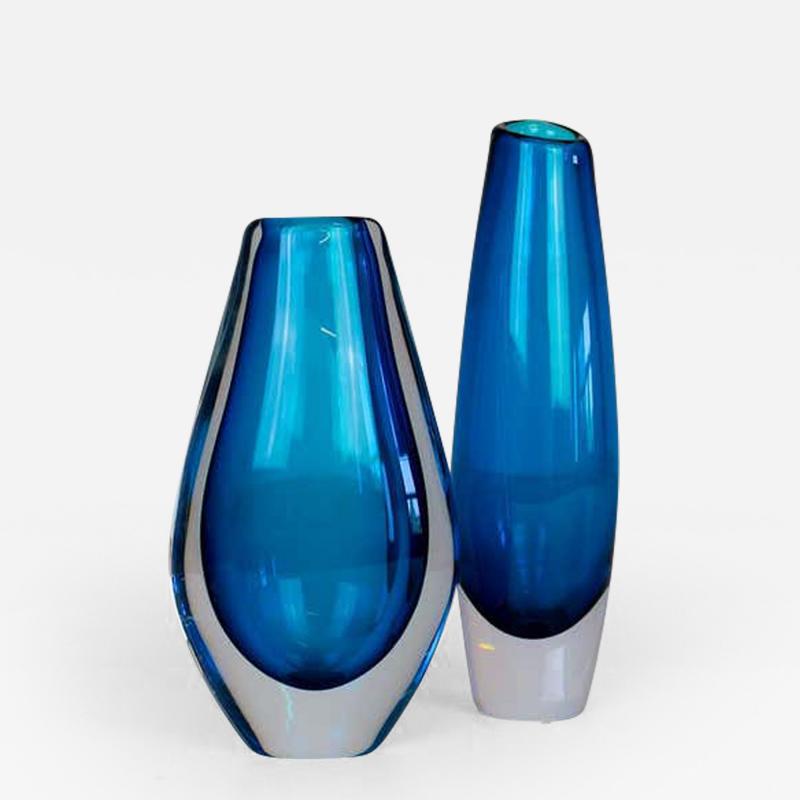  Orrefors Midcentury Pair of Sven Palmqvist Orrefors Heavy Crystal Vases Clear Blue