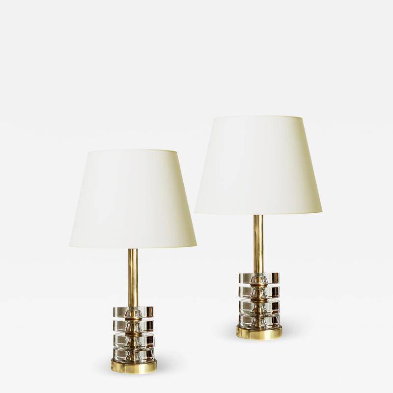  Orrefors Pair of Deco Inspired Lamps in Crystal and Brass by Carl Fagerlund