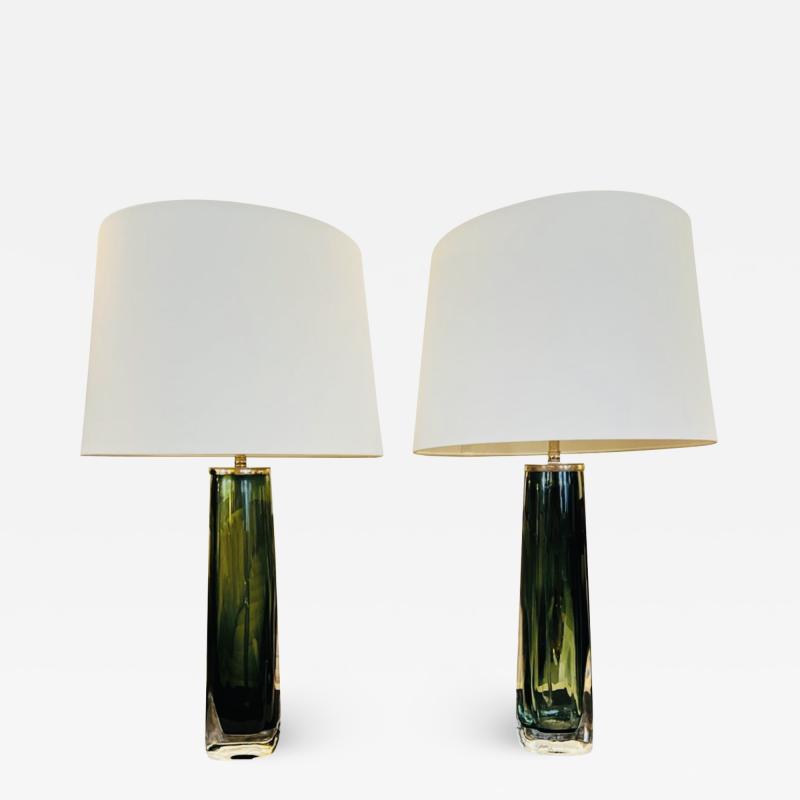  Orrefors Pair of Large Green Swedish Orrefors Crystal 1950s Table Lamps