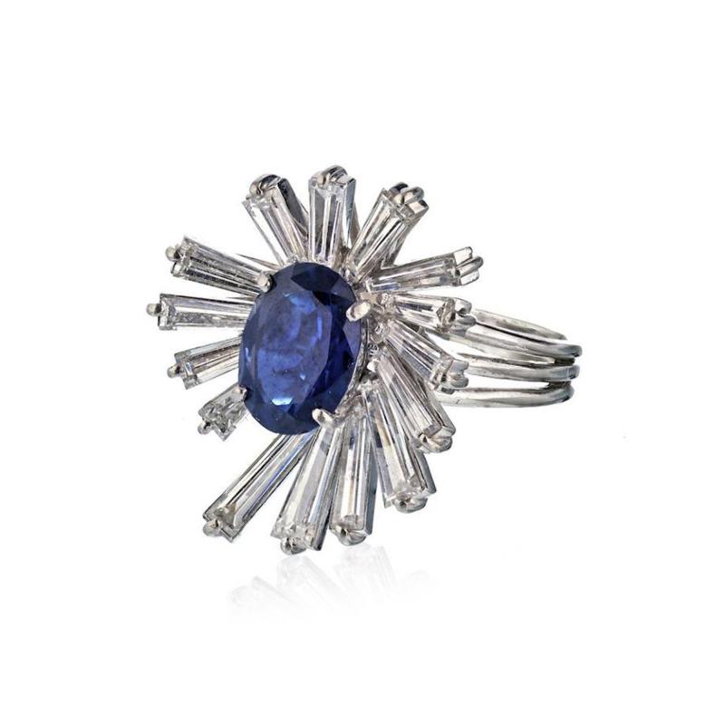  Oscar Heyman Brothers OSCAR HEYMAN PLATINUM BLUE OVAL SAPPHIRE BAGUETTE DIAMOND RING