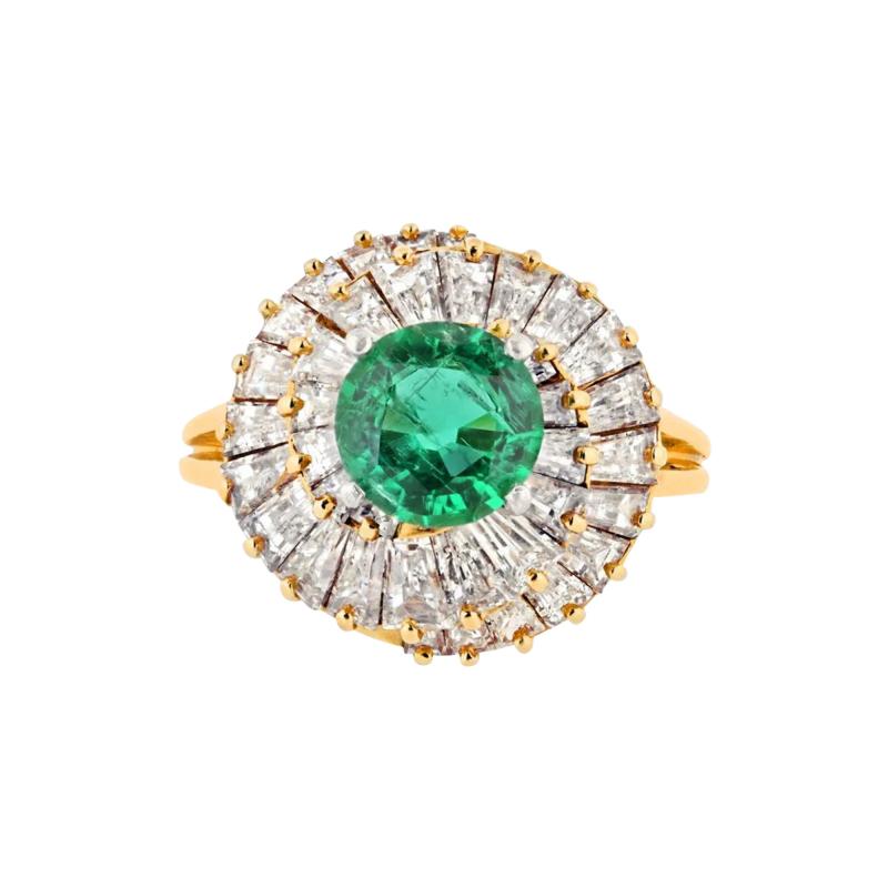  Oscar Heyman Brothers PLATINUM 18K YELLOW GOLD 1 25CT ROUND GREEN EMERALD BALLERINA RING