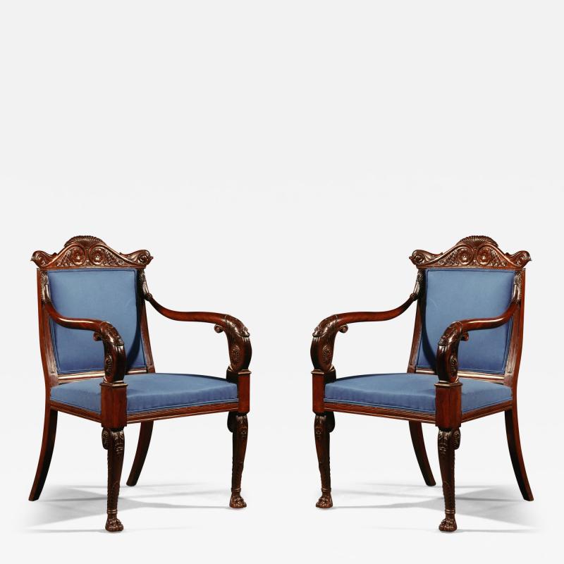  PETERS MAKER GENOA 9022 A FINE PAIR OF CARVED MAHOGANY ARMCHAIRS SIGNED PETERS MAKER GENOA 