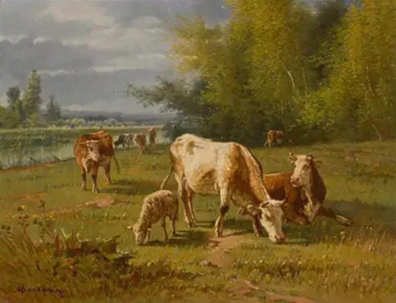  Pablo Martinez del Rio French Barbizon Oil Painting of Cattle Herd by Pablo Martinez del Rio 1870s