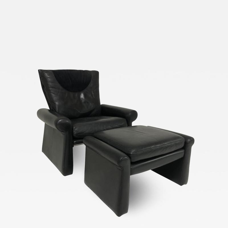  Pace Collection Guido Faleschini Black Leather a Lounge Chair and Ottoman Italy 1970 PACE