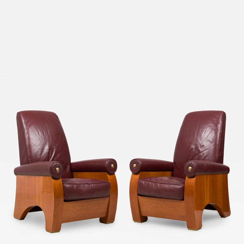  Pace Collection Pair of Pace Collection Modern High Back Mahogany and Burgundy Leather Chairs