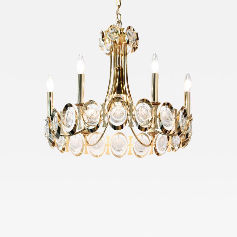  Palwa Elegant Gold Plated Brass and Crystal Chandelier 1960s