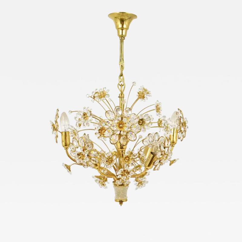  Palwa Ernst Palme Bunch of Flowers Gilt Brass Crystal Chandelier Palwa 1970s