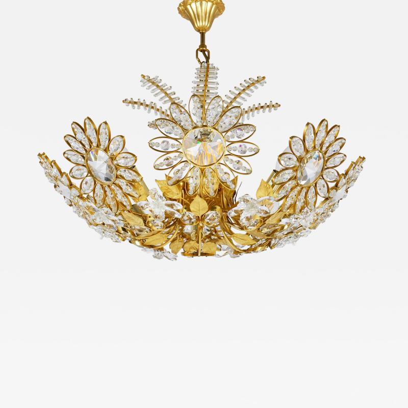  Palwa Ernst Palme Large Palwa Flower Palm Tree Chandelier Gilt Brass Crystals 1970s