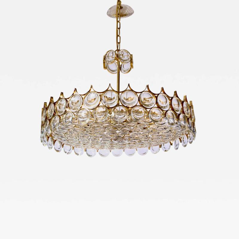  Palwa Large Circular Brass and Crystal Chandelier by Ernest Palme for Palwa