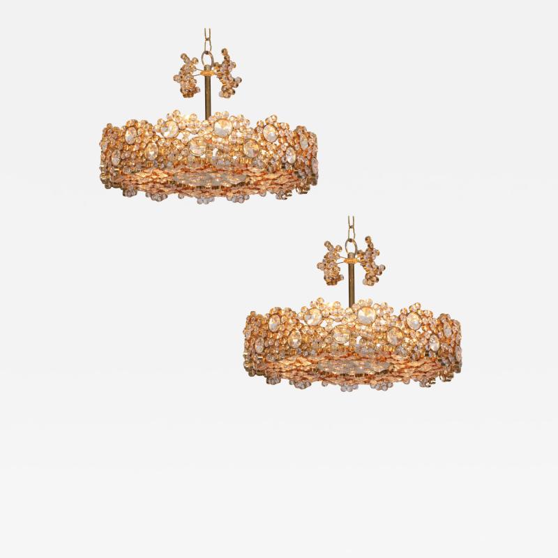  Palwa Outstanding Pair of Palwa Gilded Brass and Crystal Glass Encrusted Chandeliers