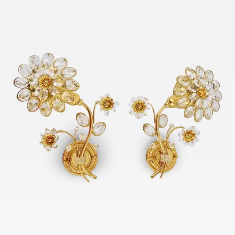  Palwa Pair of Ernst Palme Gilt Brass Crystal Flower Wall Lights Palwa Germany 1970s