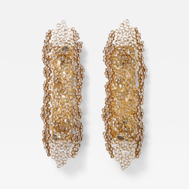  Palwa Pair of Monumental 25 Golden Gilded Brass and Crystal Sconces by Palwa