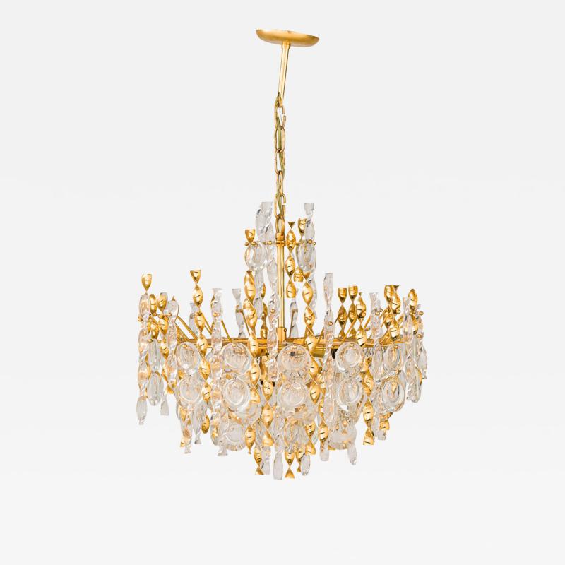  Palwa Palwa Mid Century Continental Brass and Clear Crystal Tendril Chandelier