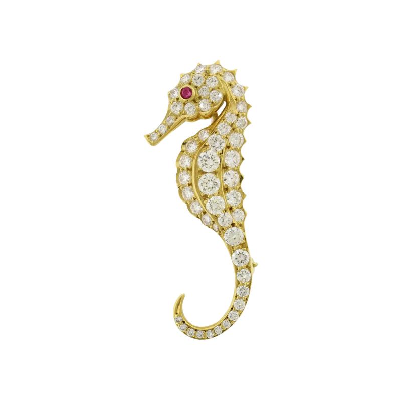  Pampillonia DIAMOND AND RUBY SEAHORSE BROOCH BY PAMPILLONIA JEWELERS