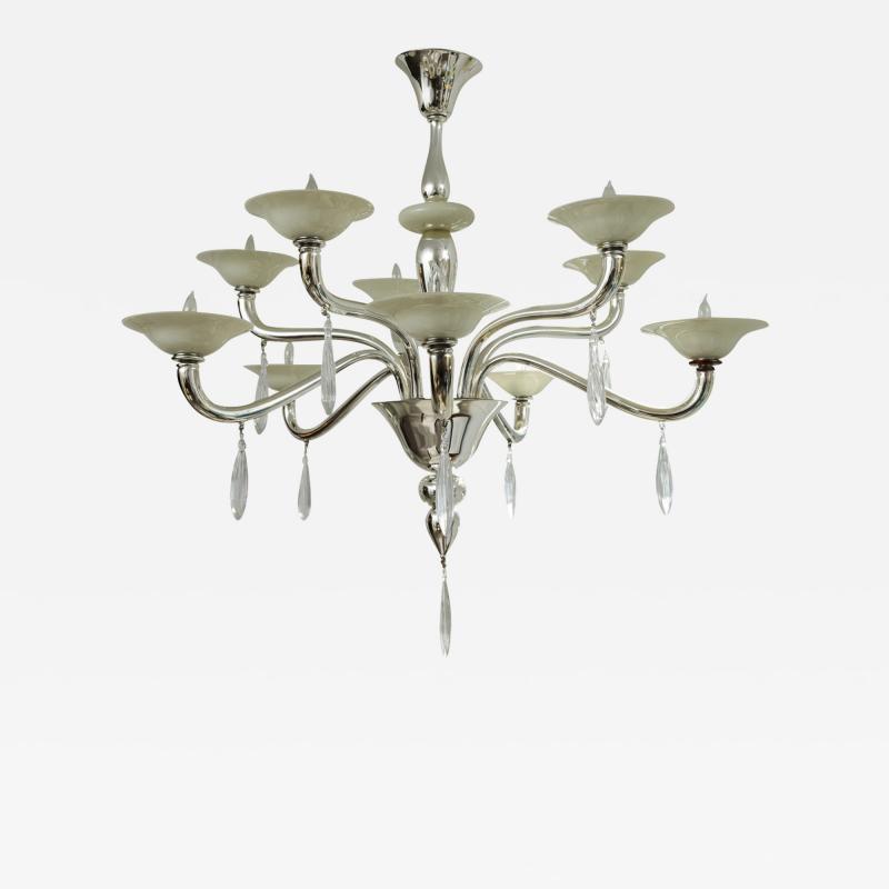  Pauly Co Vintage Italian Murano Incamiciato Blown Two Tiered Ten Arm Chandelier in Silver