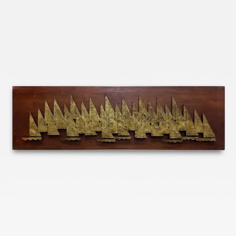  Peter Pepper Products Overscale 1960s Peter Pepper Brass Sail Boats Wall Sculpture on Wood