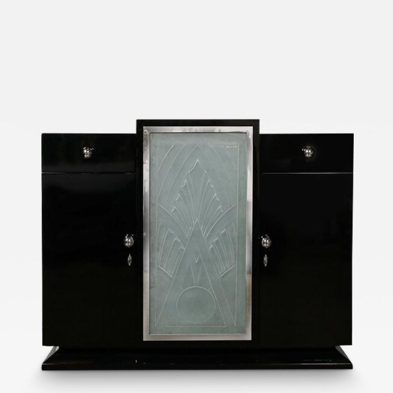  Pierre Gilles Rare Art Deco Black Lacquer Frosted Relief Glass Cabinet Signed Pierre Gilles