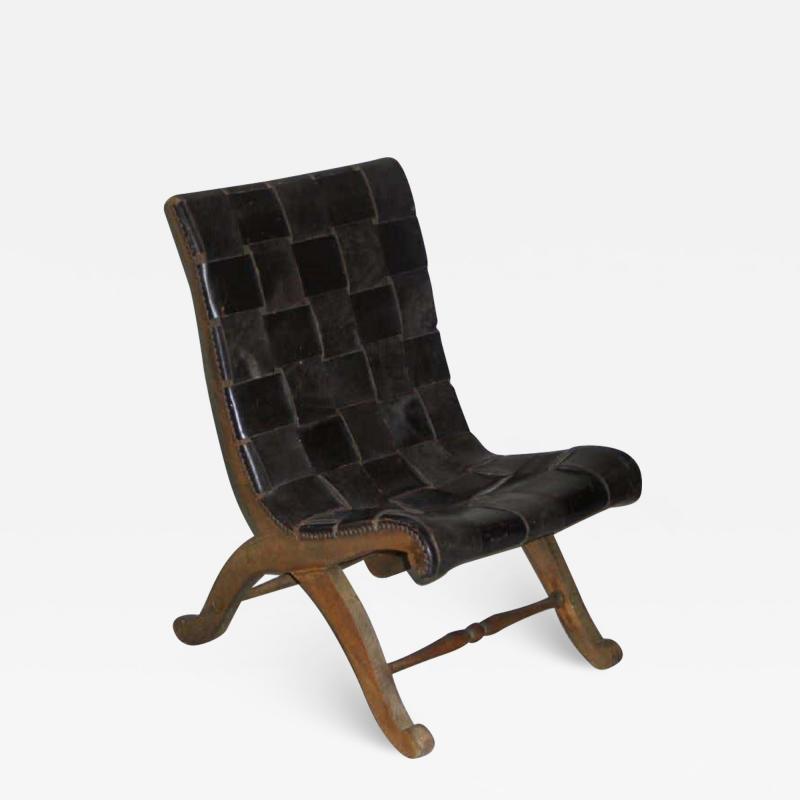  Pierre Lottier Spanish Modern Neoclassical Leather Strap Chair Attributed to Pierre Lottier