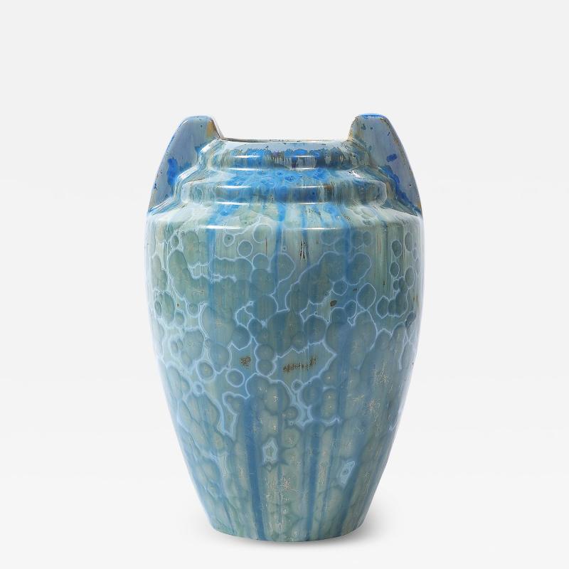  Pierrefonds Art Deco Skyscraper Style Speckled Organic Blue Ceramic Vase signed Pierrefonds
