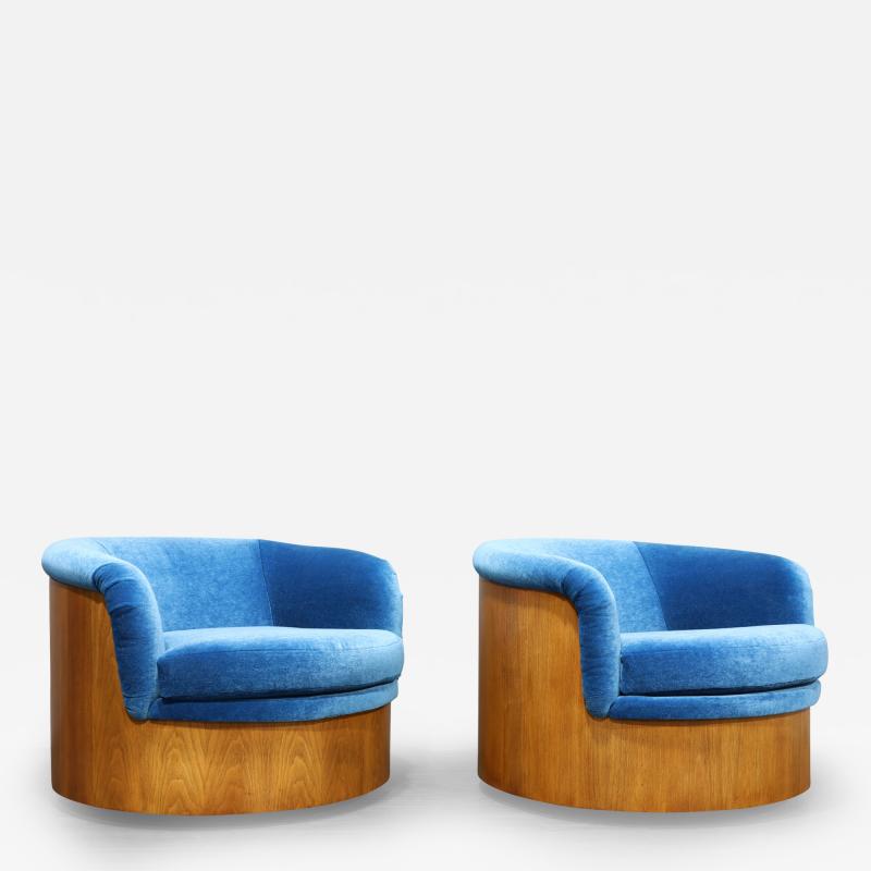  Plycraft Walnut Finish Barrel Swivel Lounge Chairs in Blue Mohair