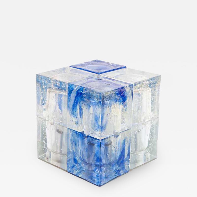  Poliarte 1960S MURANO ITALIAN DESIGN BY POLIARTE CUBE LAMP BLUE AND FROSTED CLEAR GLASS