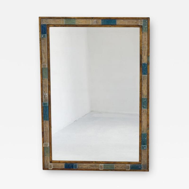  Poliarte Blue Hammered Glass Gilt Wrought Iron Mirror by Poliarte Italy 1970s