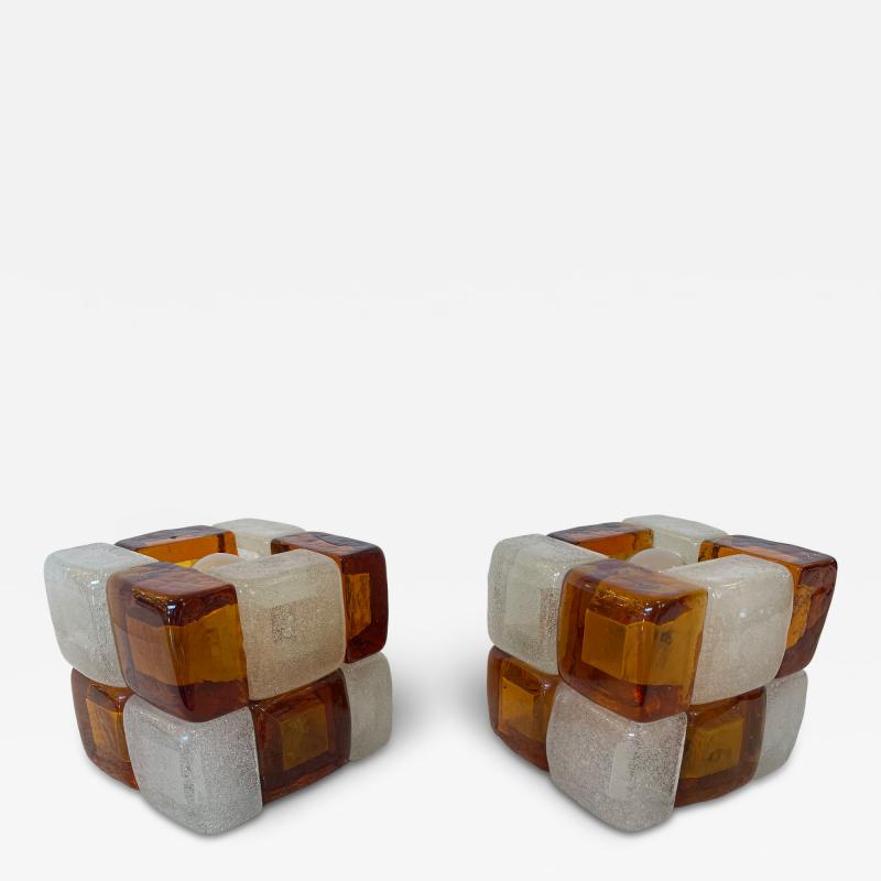  Poliarte Pair of Amber Glass Cube Lamps Italy 1970s