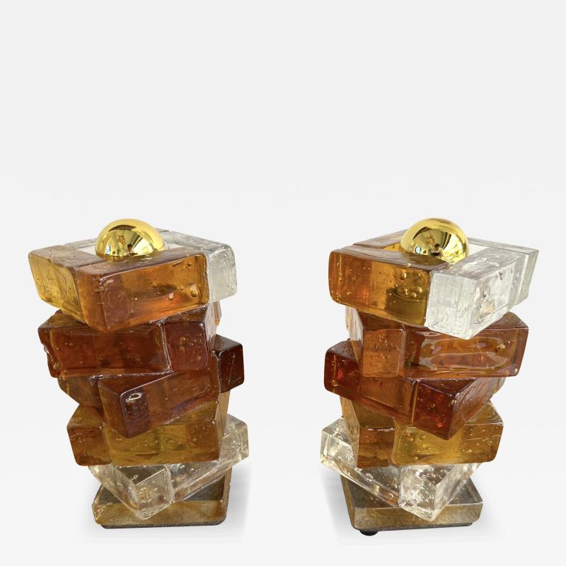  Poliarte Pair of Amber Glass Cube Lamps by Poliarte Italy 1970s