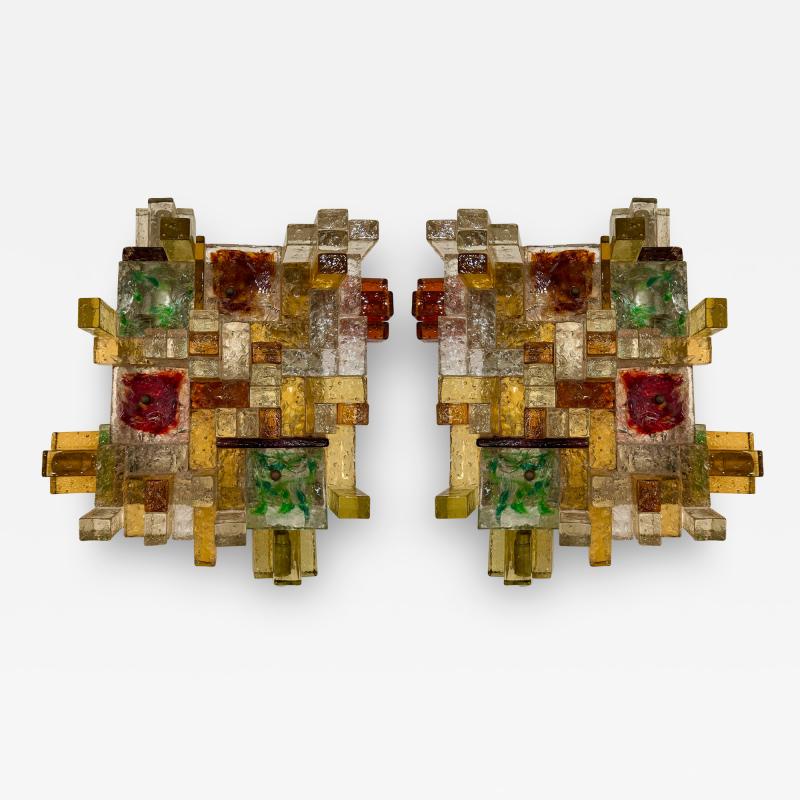  Poliarte Pair of Geometry Glass Construction Metal Sconces by Poliarte Italy 1970s