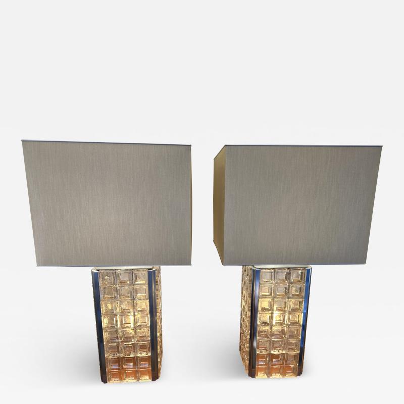  Poliarte Pair of Glass Cube Lamps and Stainless Steel Metal by Poliarte Italy 1970s