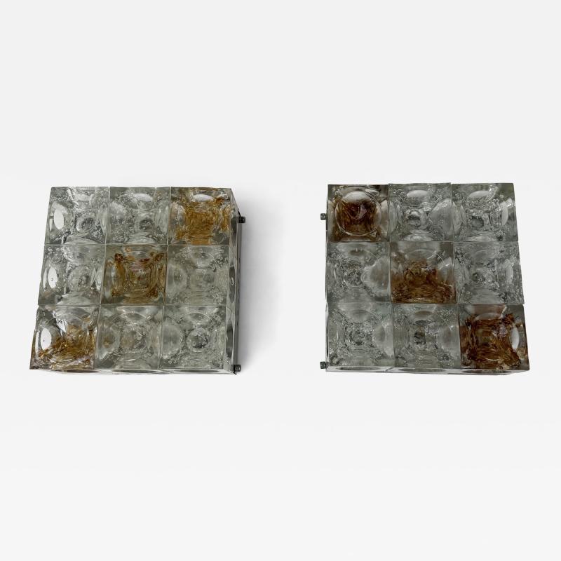 Poliarte Pair of Glass Cube Square Metal Sconces by Poliarte Italy 1970s