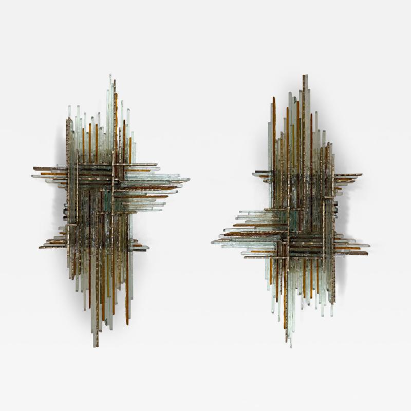  Poliarte Pair of Hammered Glass Wrought Iron Sconces by Biancardi Italy 1970s