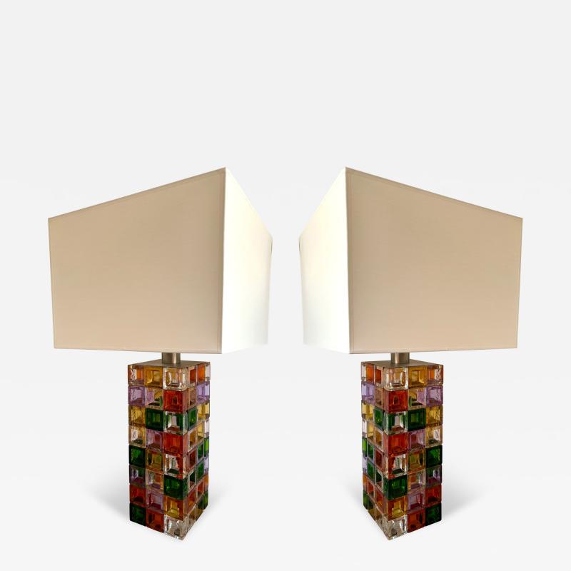  Poliarte Pair of Multicolor Glass Cube Lamps by Poliarte Italy 1970s