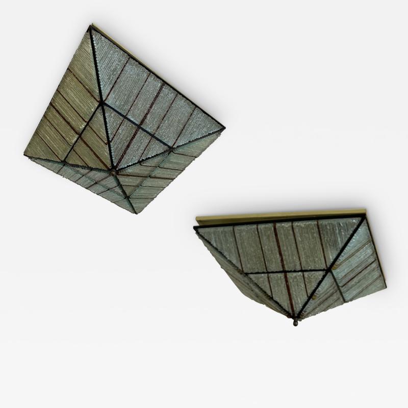  Poliarte Pair of Pyramid Hammered Glass Flush Mount by Poliarte Italy 1970s