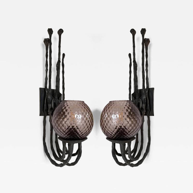  Pozzebon Pair of Wrought Iron and Glass Sconces by Pozzebon Italy 1970s