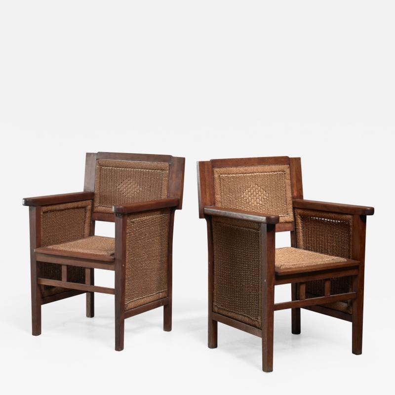  Prag Rudniker Prag Rudniker Secession pair of oak and rope armchairs