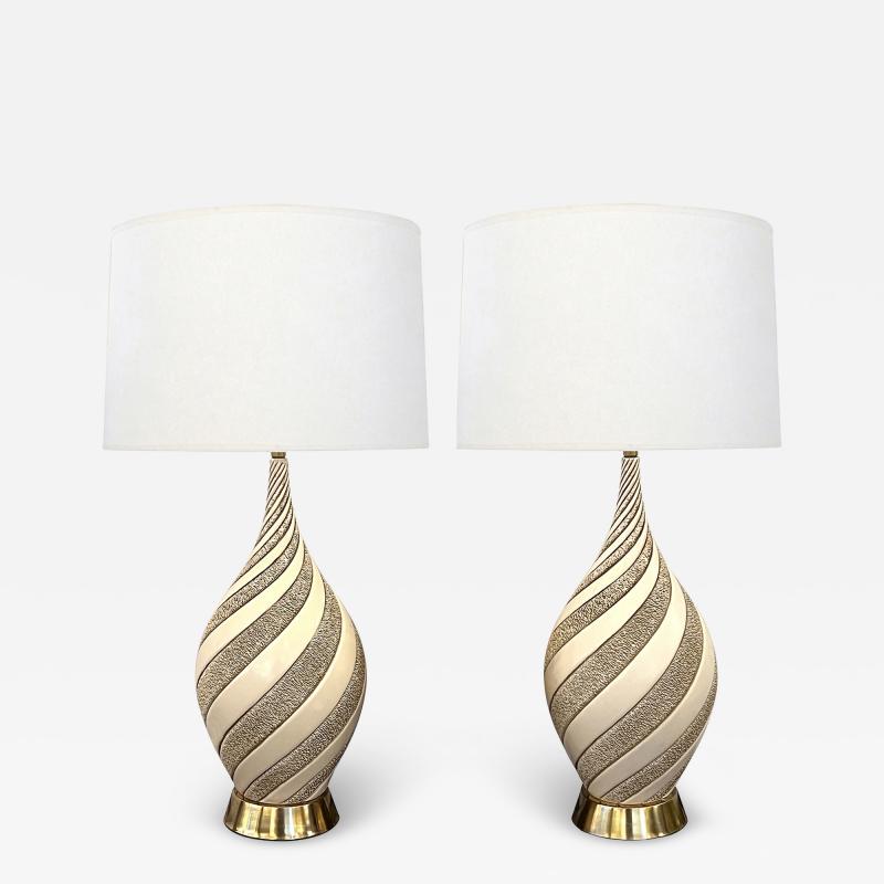  Quartite Creative Corp Signed Large Pair 1960s Ivory Glazed Spiral Lamps by Quartite Creative Corp