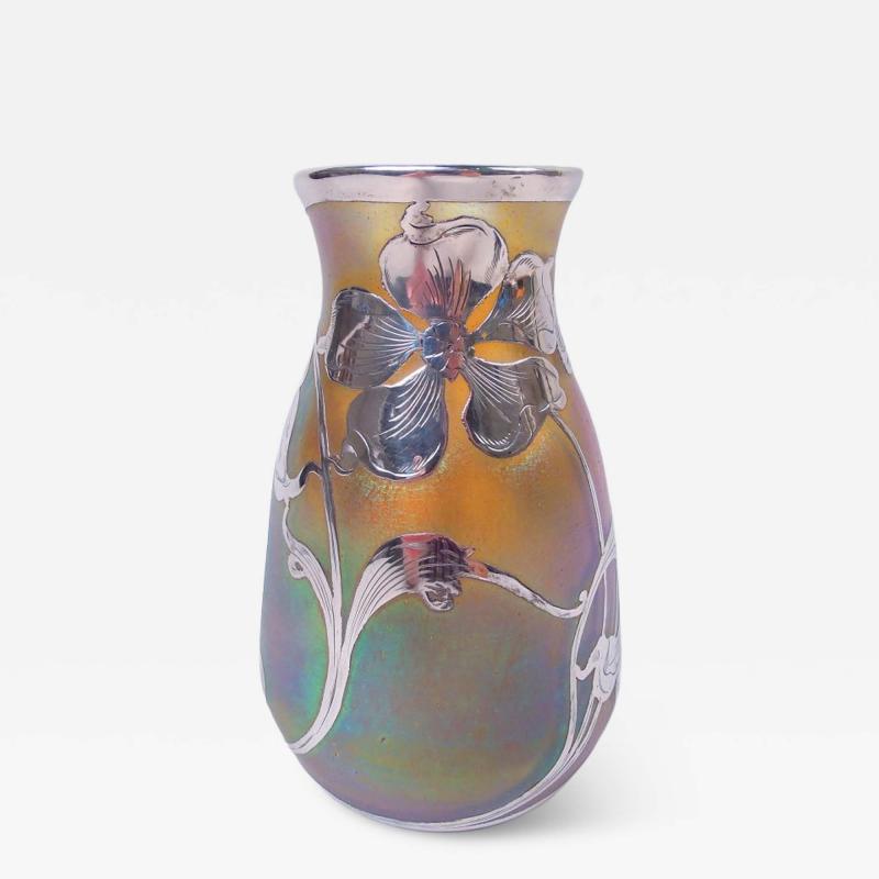  Quezal Quezal New York Art Nouveau Iridescent Silver Overlay Vase