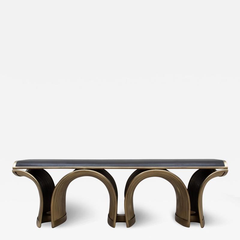  R Y Augousti Bench in Black Oak with Bronze Patina Brass Legs by R Y Augousti