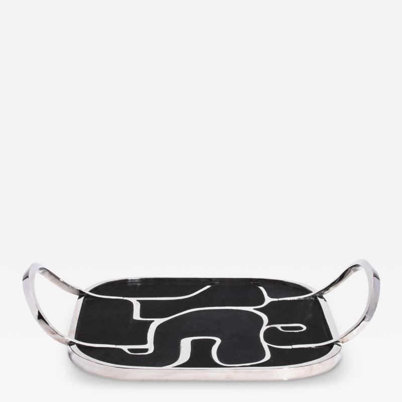  R Y Augousti Cocteau Tray in Black Shagreen with Polished Stainless Steel by R Y Augousti