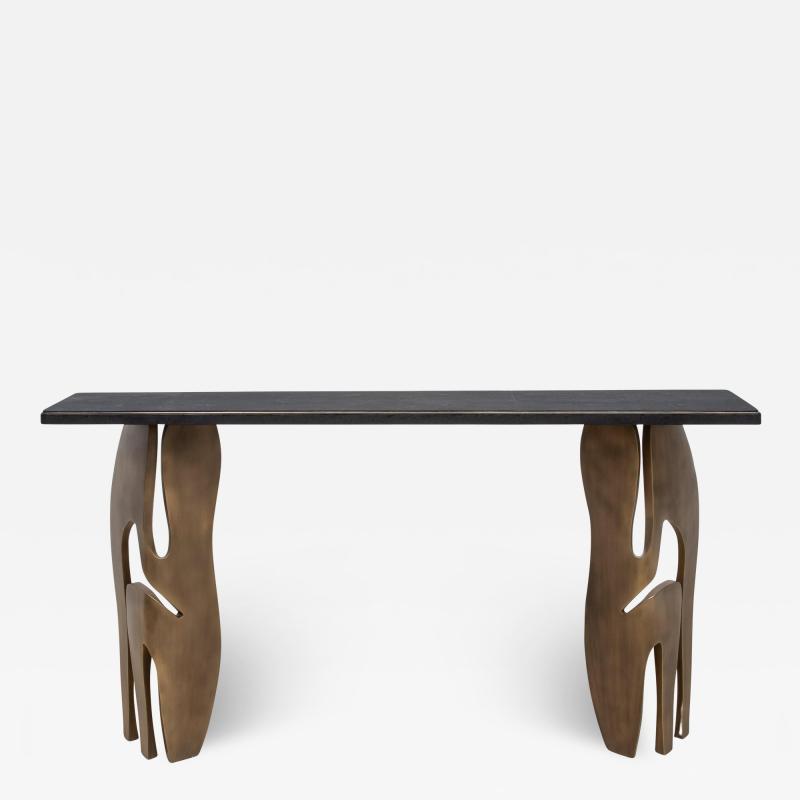  R Y Augousti Console in Black Shagreen with Bronze Patina Brass by R Y Augousti