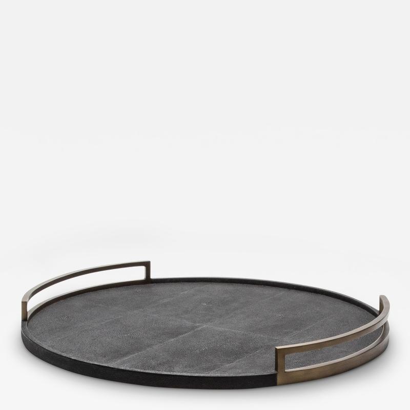  R Y Augousti Extra Large Round Tray in Shagreen with Bronze Patina Brass by R Y Augousti