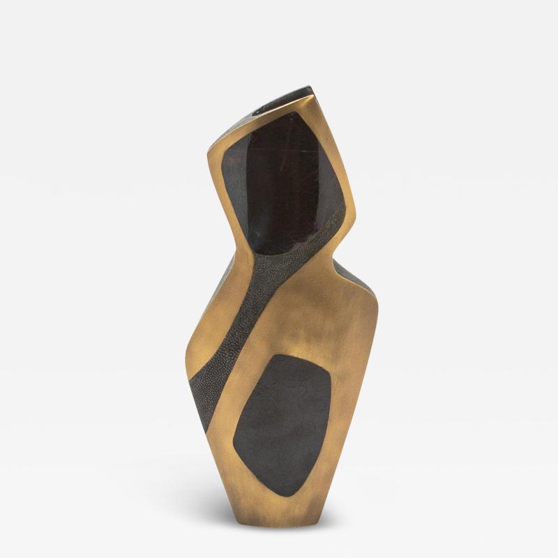  R Y Augousti Modern Sculptural Vase in Shagreen with Shell and Brass Details by R Y Augousti
