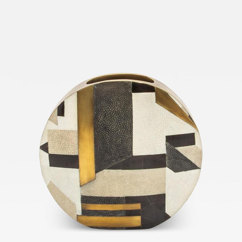  R Y Augousti Modern Vase in Shagreen with Black Shell and Brass Details by R Y Augousti