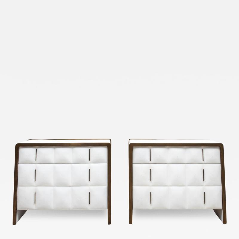  R Y Augousti Pair of Quilted Chest of Drawers in Shagreen with Brass Details by R Y Augousti