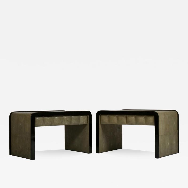  R Y Augousti R Y Augousti pair side cabinets or nightstands in green shagreen